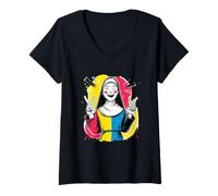Femme Signe Graphique Geste Double Peace Retro Pop Personnage T-Shirt avec Col en V