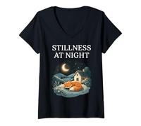 Femme Silence la Nuit, Renard endormi, Cozy Moon Calm, Cottagecore T-Shirt avec Col en V