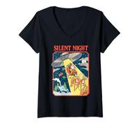 Femme Silent Night Christmas UFO Sarcastic Retro Funny Adult Humor T-Shirt avec Col en V
