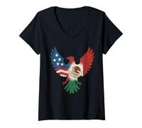 Femme Silhouette d'aigle moitié drapeau américain moitié mexicain USA Mexique T-Shirt avec Col en V