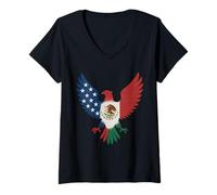 Femme Silhouette d'aigle moitié drapeau américain moitié mexicain USA Mexique T-Shirt avec Col en V