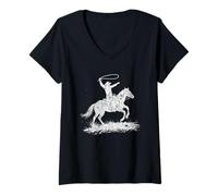 Femme Silhouette de cheval de cow-boy, graphique simple occidental T-Shirt avec Col en V