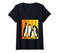 Femme Silhouette de famille de pingouins rétro dans des couleurs chaudes au coucher du soleil T-Shirt avec Col en V
