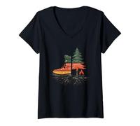 Femme Silhouette de forêt Minimaliste Wanderer Sunset Graphic T-Shirt avec Col en V