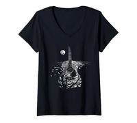 Femme Silhouette de Guitare au Clair de Lune, Illustration de Nuit T-Shirt avec Col en V