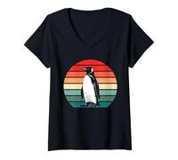 Femme Silhouette de Pingouin rétro années 60 70 Coucher de Soleil Amoureux des Animaux T-Shirt avec Col en V