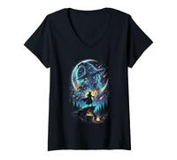 Femme Silhouette de Sorcière Envoûtante dans Une Galaxie Cosmique T-Shirt avec Col en V