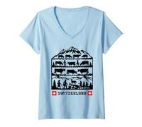 Femme Silhouette de Troupeau de Vache Alpine Suisse T-Shirt avec Col en V