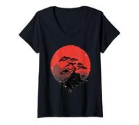 Femme Silhouette d'oiseau de Montagne Bonsaï Japonais Coucher de Soleil T-Shirt avec Col en V