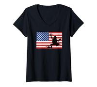 Femme Silhouette Patriotique amphibien Grenouille Drapeau américain Graphique T-Shirt avec Col en V