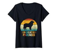 Femme Silhouette rétro du Coucher de Soleil des Pyrénées T-Shirt avec Col en V