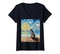Femme Silver Labrador Starry Night Dog Grey Lab at The Beach Art T-Shirt avec Col en V