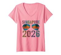 Femme Singapour 2026 Filles Vacay Voyage Vacances Assorti T-Shirt avec Col en V