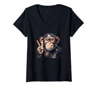 Femme Singe amusant portant des lunettes de paix T-Shirt avec Col en V