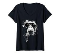 Femme Singe avec Lunettes de Soleil Blanc Splash Art T-Shirt avec Col en V
