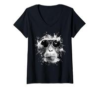 Femme Singe avec Lunettes de Soleil Style Hipster Grunge T-Shirt avec Col en V