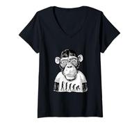 Femme Singe avec Lunettes et théorie Amusante de l'évolution contraire T-Shirt avec Col en V
