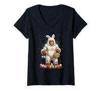 Femme Singe en costume de lapin portant un panier à œufs amusant pour le jour de Pâques T-Shirt avec Col en V