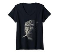 Femme Singe fumant Cigarette Vintage Singe drôle Meme T-Shirt avec Col en V