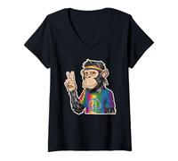 Femme Singe hippie avec bandeau et signe de paix tie and dye T-Shirt avec Col en V