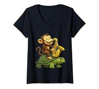Femme Singe Joue Un Saxophone sur Une Tortue T-Shirt avec Col en V
