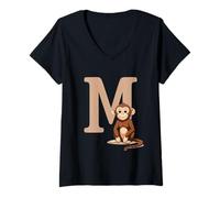 Femme Singe Lettre M Design Alphabet Animal T-Shirt avec Col en V