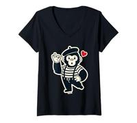 Femme Singe Mime Mignon Cœur Cartoon T-Shirt avec Col en V