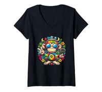 Femme Singe Peace Sign Tie Dye pour garçons et filles Hippie coloré T-Shirt avec Col en V