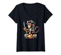 Femme Singe Pirate Amusant avec Une épée Assise sur Un tonneau T-Shirt avec Col en V