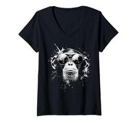 Femme Singe Portant des Nuances Splash Art Grunge T-Shirt avec Col en V