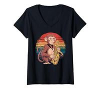 Femme Singe Vintage Jouant du Saxophone Jazz Saxophone Musicien saxophoni T-Shirt avec Col en V