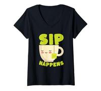 Femme Sip Happens Tea Lover Citation Amusante Relaxation T-Shirt avec Col en V