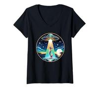 Femme Sirène Abduction Alien Invasion Drôle OVNI Vaisseau Spatial T-Shirt avec Col en V