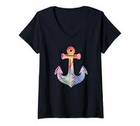 Femme Sirène Bateau Ancre Vacances Plage T-Shirt avec Col en V