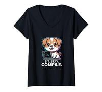 Femme Sit Stay Compile Funny Coding Dog Lover T-Shirt avec Col en V