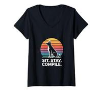 Femme Sit Stay Compile Funny Coding Dog Lover T-Shirt avec Col en V
