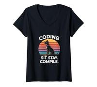 Femme Sit Stay Compile Funny Coding Dog Lover T-Shirt avec Col en V