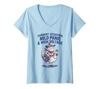 Femme Situation Actuelle Panique légère Grenouille Haute Tension T-Shirt avec Col en V