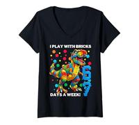 Femme Six Sept Je Joue avec des Briques 6 7 T-Rex T-Shirt avec Col en V