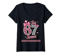 Femme Six Seven 67 Valentine Damier Leopard Girly Trendy T-Shirt avec Col en V