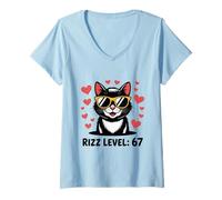 Femme Six Seven Cat Rizz Niveau 67 Meme Cute Hearts Internet Trend T-Shirt avec Col en V