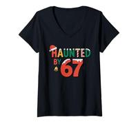 Femme Six Seven Christmas 2025 Funny Gen Alpha Meme hanté par 67 T-Shirt avec Col en V
