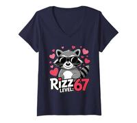 Femme Six Seven Rizz Level 67 Meme Cool Lunettes de Soleil drôles Motif Raton Laveur T-Shirt avec Col en V