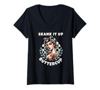 Femme Skank it Up Buttercup Ska Rude Girl T-Shirt avec Col en V