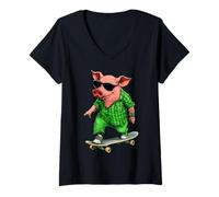Femme Skateboard Cochon T-Shirt avec Col en V