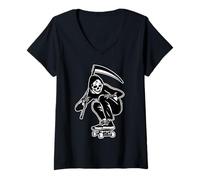 Femme Skateboarder Grim Reaper x Scythe Blackwork T-Shirt avec Col en V