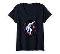 Femme Skateboarding Astronaute Outer Space T-Shirt avec Col en V