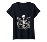 Femme Skeleton Drummer Guy Rock and Roll Band Rock on Drum Kit T-Shirt avec Col en V