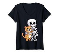 Femme Skeleton Hugging Cat Cute Halloween Graphic Pixel Art T-Shirt avec Col en V