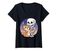 Femme Skeleton Hugging Cat Cute Halloween Graphic Pixel Art T-Shirt avec Col en V